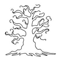 Silhouette of gnarled dry tree with curved branches. Black outline illustration for Halloween. Hand drawn isolated graphic clipart. Line sketch with twisted trunk for creepy decor. Doodle style vector