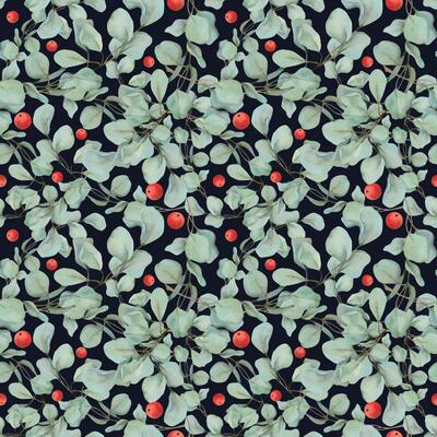 Eucalyptus laurel branches, leaves with red berries. Watercolor hand drawn illustration, seamless pattern isolated on dark. Xmas, happy new year festive, noel navidad. Print paper, textile, fabric