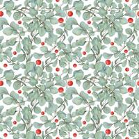 Eucalyptus laurel branches, leaves with red berries. Watercolor hand drawn illustration, seamless pattern isolated on white. Xmas, happy new year festive, noel navidad. Print paper, textile, fabric vector
