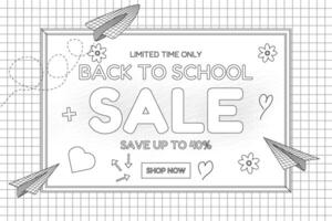 illustration of a Back to School Sale flyer designed for kids to color, featuring paper planes, hearts, and grid patterns. vector