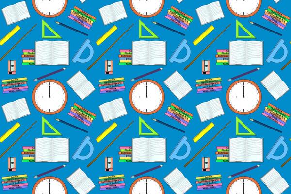 Colorful seamless pattern with school supplies including books, clocks, rulers, and stationery. Perfect for educational designs and backgrounds.