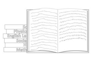 Black and white open textbook illustration with stacked books for a back-to-school-themed coloring book. Ideal for educational projects. vector