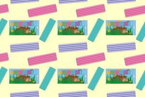 A colorful seamless pattern featuring plasticine bars and a cute hedgehog illustration. Perfect for back-to-school projects and designs. vector