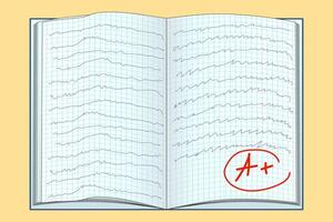 illustration of an open grid notebook with handwritten notes and an A-plus grade. Perfect for back-to-school themes and educational designs. vector