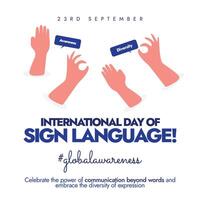 23rd September Sign language day banner with hands making different signs. vector