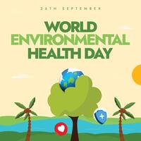 26th September Environmental health day banner, post with an earth globe at top of a tree, river view. vector