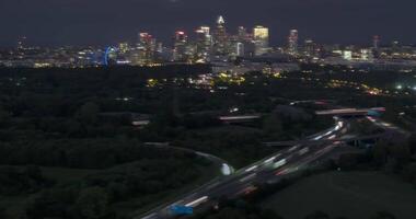 Time-lapse of the Frankfurt skyline with a busy highway at night video