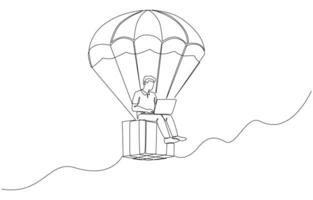 Continuous one line drawing of man working on flying parcel box using parachute, dropshipping business concept, single line art. vector