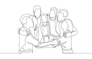 Continuous one line drawing of group of young employees hugging each other happily, teamwork and collaboration concept, single line art. vector