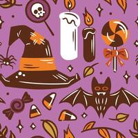 Halloween Themed Illustrations featuring Candy along with Spooky Elements and Details. Seamless pattern for wallpaper, fabric, wrapping, background. vector