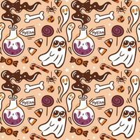 This is a Playful Halloween Pattern featuring Ghosts and an assortment of Candy treats. Mysterious magic potion. Seamless pattern for wallpaper, fabric, wrapping, background. vector