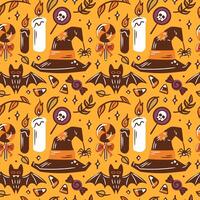 Halloween Themed Pattern featuring an array of Spooky Elements for a festive atmosphere. Ritual candles, witch hat, bats. Seamless pattern for wallpaper, fabric, wrapping, background. vector