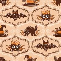 Halloween themed pattern with lots of spooky elements to create a festive atmosphere. Black cat, witch hat, bats. Seamless pattern for wallpaper, fabric, packaging, background. vector