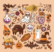 Charming Halloween Illustration featuring various Spooky Icons and delightful elements. Set of illustrations in sketch style. Potion, skull, zombie, witch hat, ghosts other creepy characters. vector