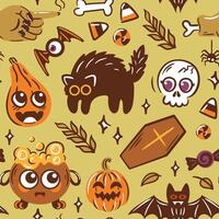 Adorable and Extremely Cute HalloweenThemed Patterns Featuring Numerous Cartoon Characters Galore. Coffin, pumpkin, cat, skull, eyes bat. Seamless pattern for wallpaper, wrapping, background. vector
