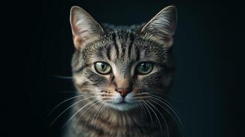 A realistic cat with beautiful eyes facing the camera in a black background. photo