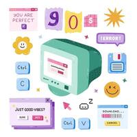 Cute cartoon Y2k set with technology symbols from 90s, 00s. Retro aesthetic clipart of old PC, window interface, buttons, vintage floppy disk. Nostalgia for 1990s vibe collection isolated on white vector