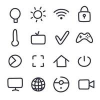Cute hand drawn outline smart home icon set. Symbols of entertainment, regulate temperature, light, secure, clean home. Collection of network and Internet of things isolated on white background. vector