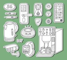 Black and white doodle set of stickers with smart devices for entertainment, cook, secure home for planners, notebooks. Ready for print list of cute stickers. Hand drawn intelligence remote control. vector