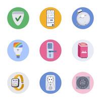 Set of cute round highlights with smart home devices and Internet of Things cartoon clipart. Cover for different social media, blogs, business, branding. Icon pack for stories with remote technology. vector