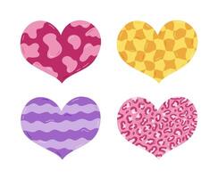 Cute cartoon set with hearts in Y2k aesthetic with cow and leopard pattern, checkered, wavy. Retro love symbol from 90s and 00s. Hand drawn simple heart with print isolated. Nostalgia for 1990s vibe. vector
