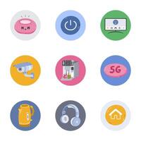 Set of cute round highlights with smart home devices and Internet of Things cartoon clipart. Cover for different social media, blogs, business, branding. Icon pack for stories with remote machine. vector