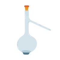 Cute cartoon laboratory beaker with spout and cork for chemical solutions, reagents. High and round flask for science experiment, chemistry, biology tests. Hand drawn lab glassware isolated on white. vector