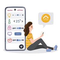 Happy woman sitting leaning on big phone and control house smart devices via mobile. Girl remotely control light, temperature, security. Concept of smart home, Internet of things, networks wireless. vector