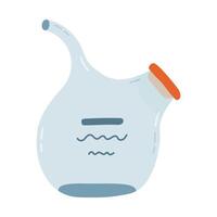 Cute cartoon laboratory beaker with spout and cork for chemical solutions and reagents. Round flask for science experiment, chemistry, biology tests. Hand drawn lab glassware isolated on white. vector