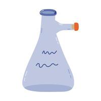 Cute cartoon laboratory beaker with spout and cork for science experiment, chemistry and biology tests. Flat bottomed flask, glassware for chemical solutions. Hand drawn lab tube isolated on white vector