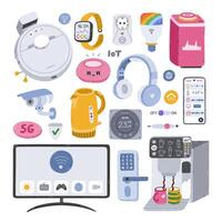 Big cartoon set of smart devices for entertainment, cook, secure, clean home. Hand drawn intelligence machine with remote control via phone. Collection of Internet of things isolated on background. vector