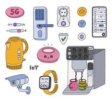 Colorful outline set of smart devices for entertainment, cook, secure home. Hand drawn intelligence machine with remote control via telephone, voice assistant. Internet of things isolated on white. vector