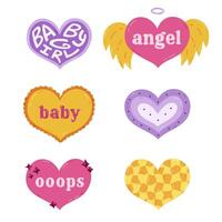 Cute cartoon set with hearts in Y2k aesthetic with lettering Angel. Baby, Ooops. Retro love symbol from 90s and 00s. Hand drawn simple heart with print and text isolated. Nostalgia for 1990s vibe. vector