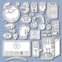 Big outline doodle set of stickers with smart devices of Internet of things for planners, notebooks. Ready for print list of cute stickers. Intelligence machine clipart with remote control via phone. vector