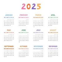 Cute minimal calendar template for 2025 year with weeks starts on Monday. Calendar grid with funky font for kids nursery, corporate office, stationery. Square monthly calender layout for planning vector