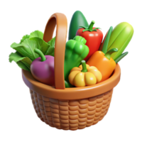 Fresh vegetables in basket 3d icon cartoon style isolated on transparent background cutout png