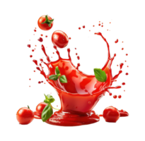 Splashing red sauce ketchup with tomatoes and leaves isolated on transparent background cutout png
