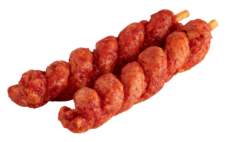 Red sausage wrapped in twists cut out isolated transparent background png