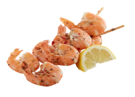 Grilled shrimp on skewers with yellow lemon png