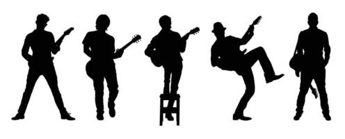 Five men playing rock guitar silhouette illustration for background design. Isolated object on white background. vector