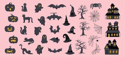 Set of Halloween elements on pink background. Halloween concept. Halloween objects. vector