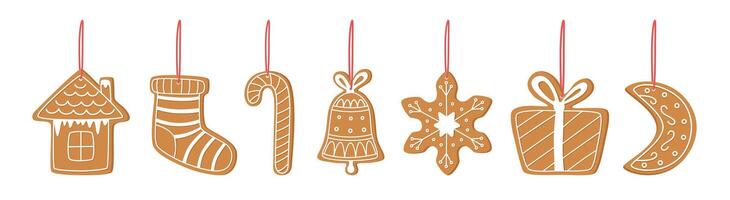 Set of Christmas hanging gingerbreads isolated. Sustainable Christmas ornaments set. Sustainable Christmas concept. vector