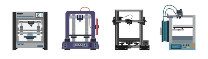 Set of 3d printers isolated on white background. 3d concept. Technology concept. vector