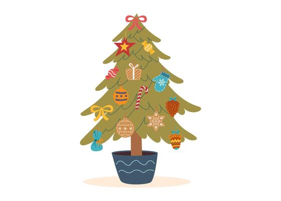 Decorated Christmas tree isolated on white background. Sustainable Christmas concept. Christmas ornaments.