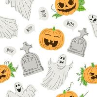 Seamless halloween pattern in flat style. Design of ghosts, creepy and spooky elements for halloween decorations, sketch vector
