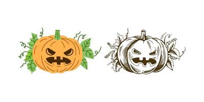 flat and hand drawn style Halloween Illustration. Hand-drawn scary pumpkin sketch isolated on white background. Element for labels, packaging and cards design. vector