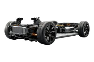Electric car chassis exposing batteries and wiring structure isolated on transparent background. png