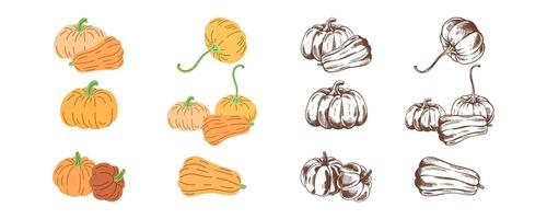 flat and sketch style Halloween Illustration. Hand-drawn scary pumpkins sketch set. Element for labels, packaging and cards design. vector