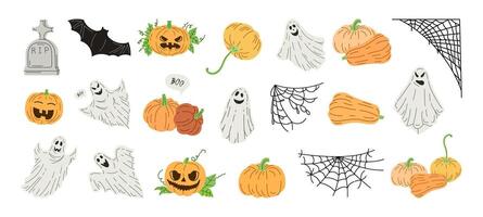 Big set of halloween elements in flat style. Design of ghost, creepy and spooky elements for halloween decorations, sketch, icon. Hand drawn isolated on white background. vector