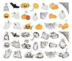 Big set of halloween elements in sketch and flat style. Design of witch, ghost, creepy and spooky elements for halloween decorations, sketch, icon. Hand drawn isolated on white background. vector